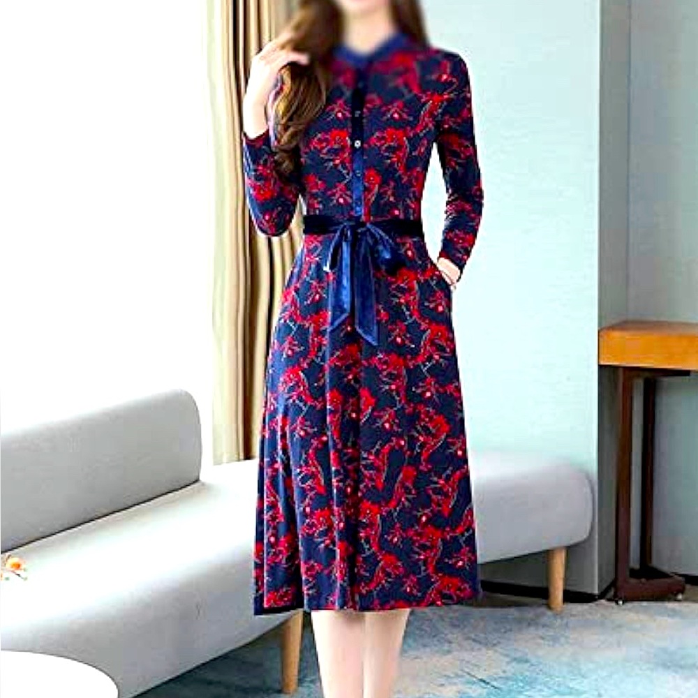 New Floral Retro Maxi Dress Button Long Sleeve Womens Rockabilly See Pics For Sz